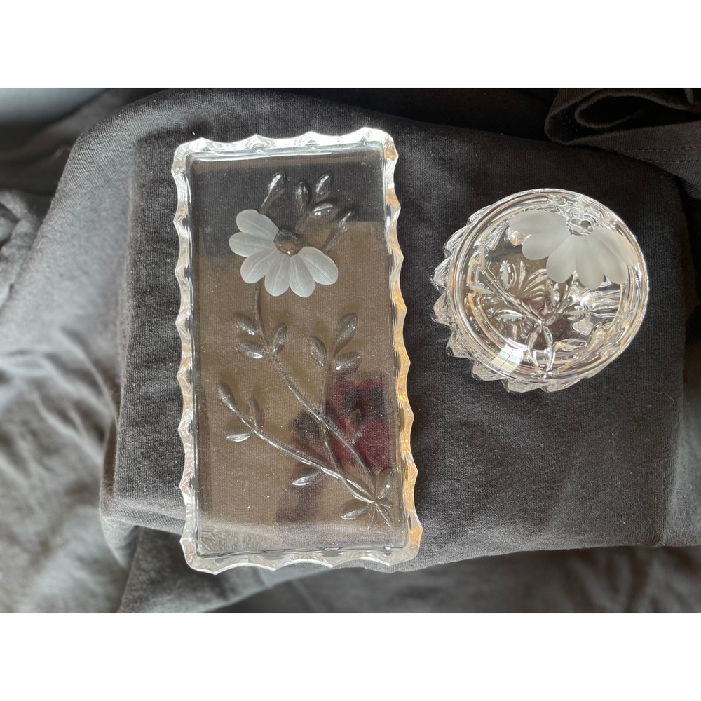 Vintage Princess House Frosted Daisy Crystal Trinket Tray and Lidded Jar Set